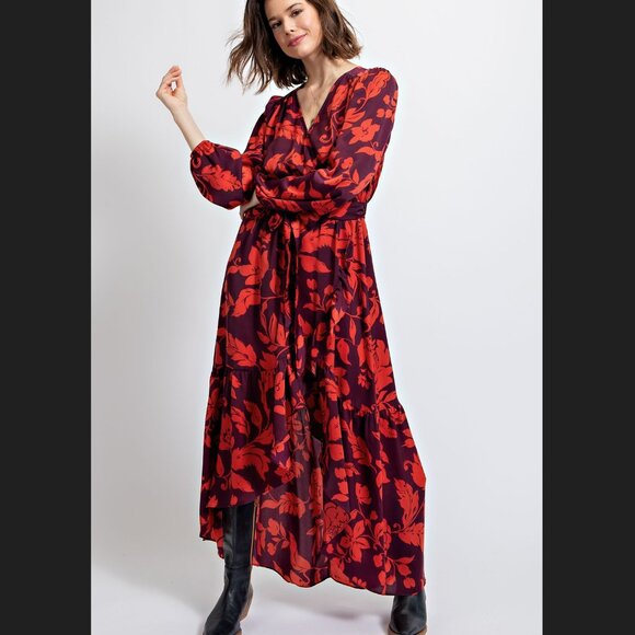 Easel Eggplant Floral Mirabelle Satin High Low Maxi Dress - Picture 2 of 4